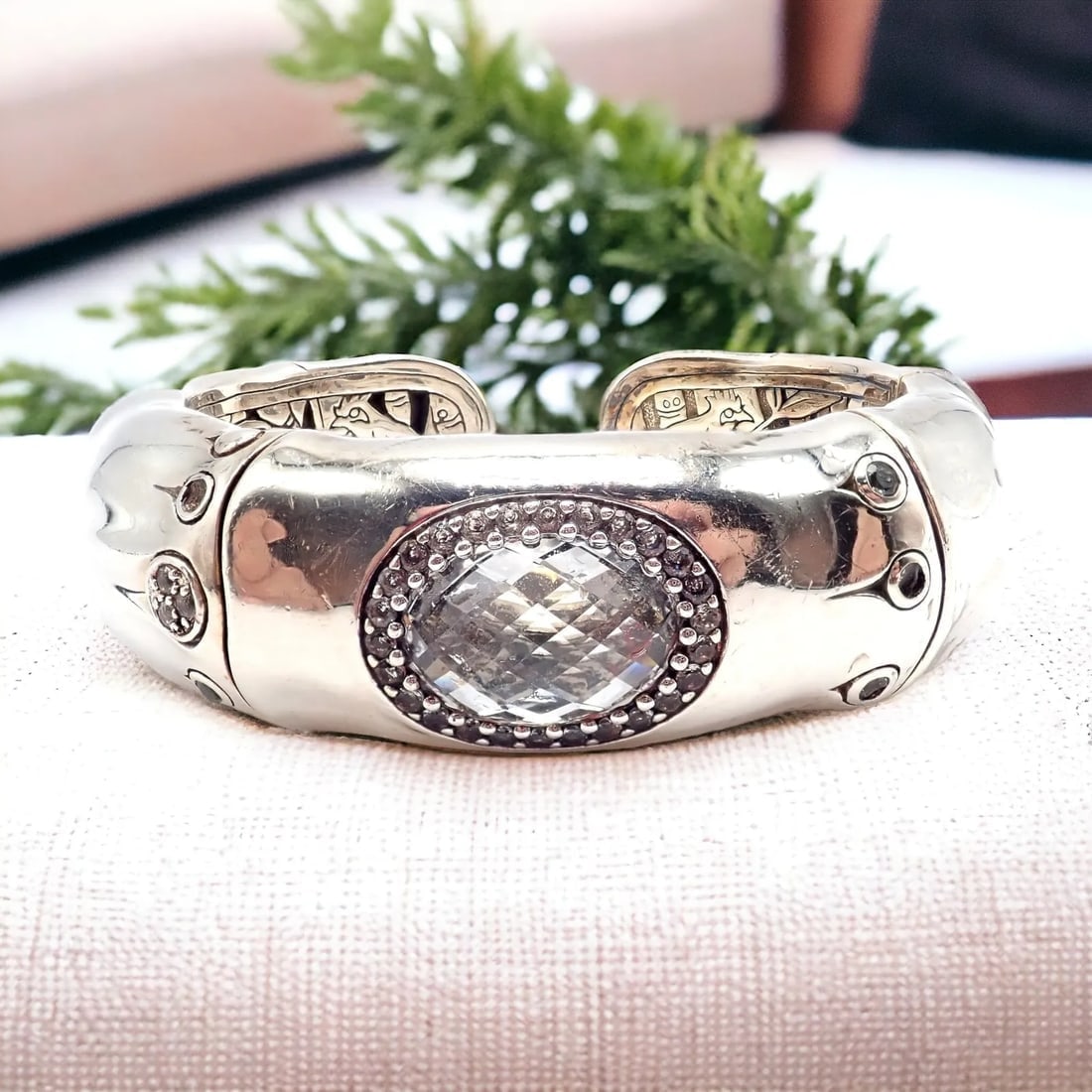 Authentic! John Hardy Silver White Topaz 30 Bamboo Large Cuff Bracelet (1 of 9)