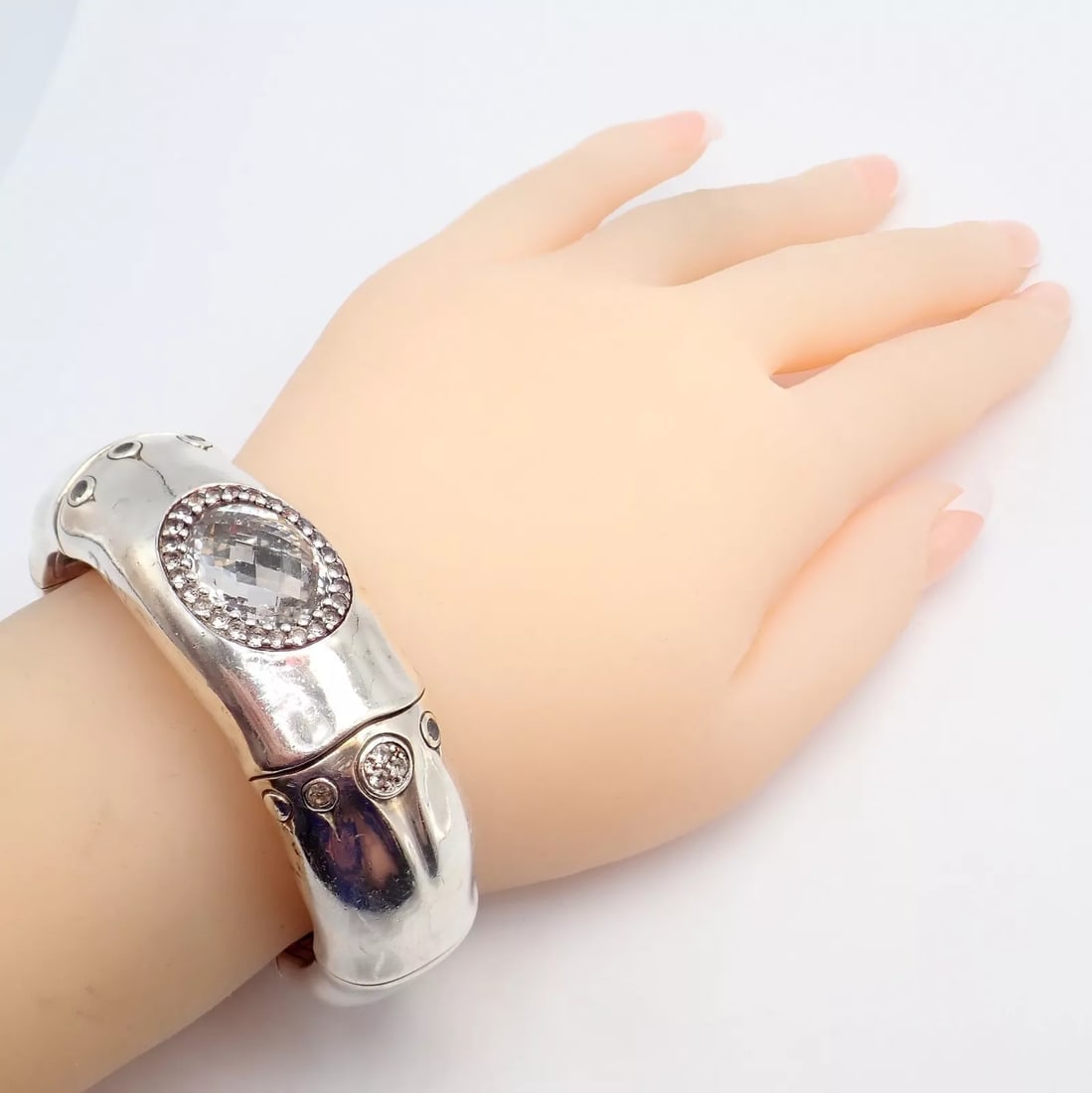 Authentic! John Hardy Silver White Topaz 30 Bamboo Large Cuff Bracelet - 5