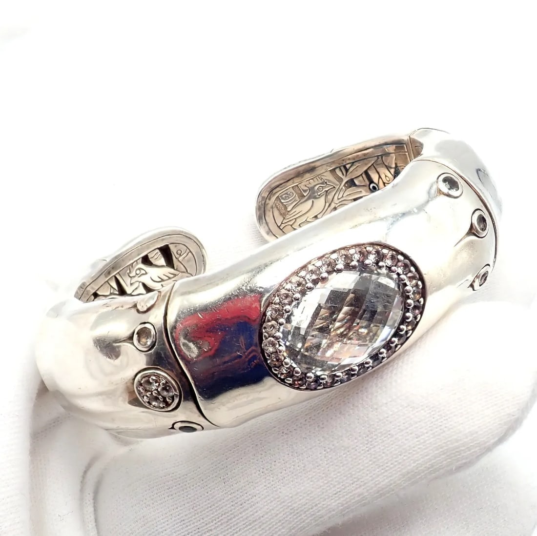 Authentic! John Hardy Silver White Topaz 30 Bamboo Large Cuff Bracelet - 6