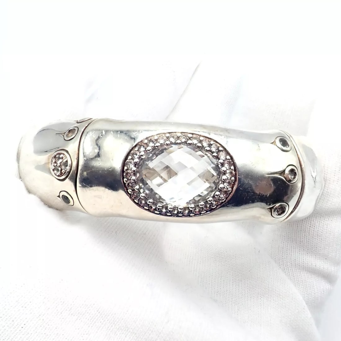 Authentic! John Hardy Silver White Topaz 30 Bamboo Large Cuff Bracelet - 8
