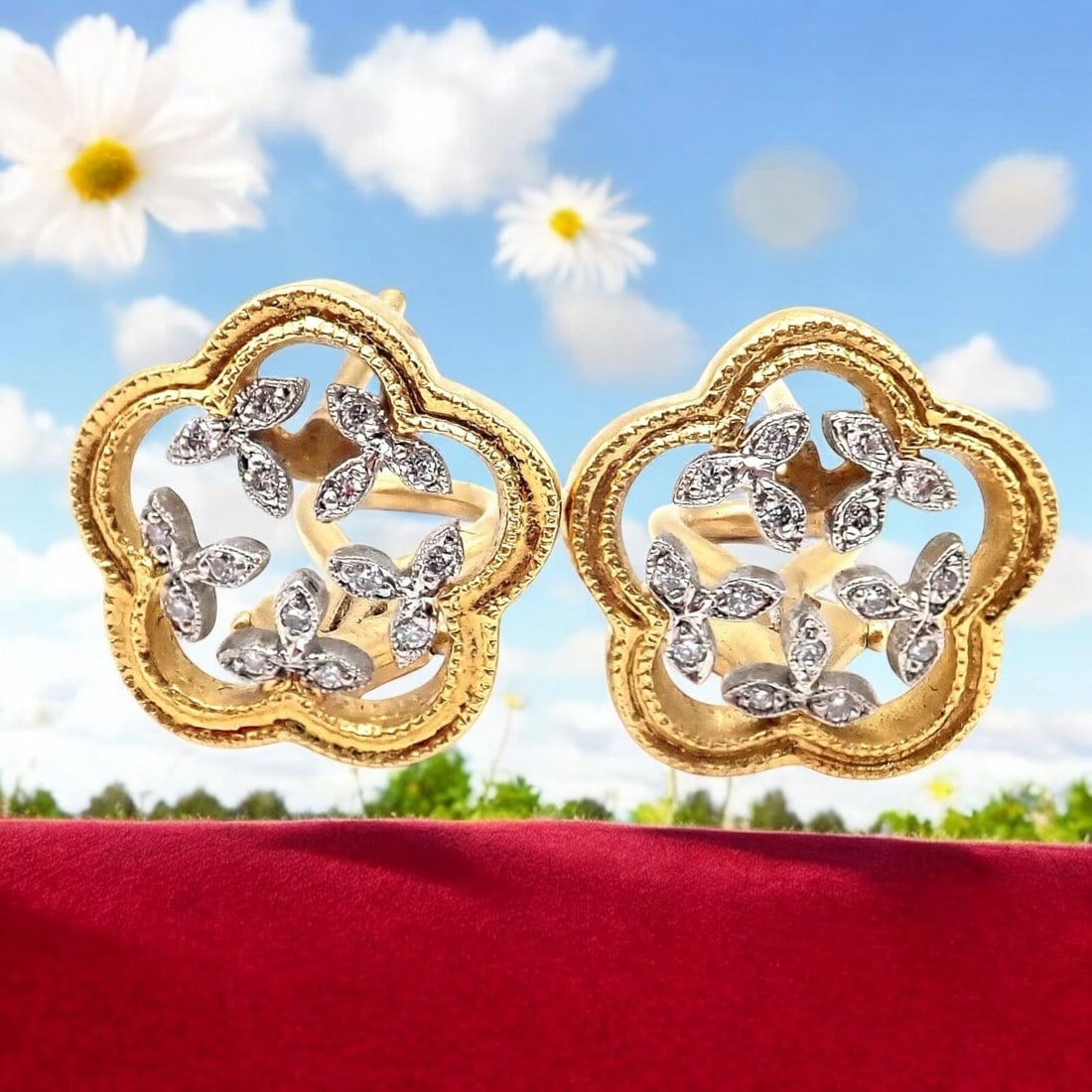 Authentic! Cathy Waterman 22k Yellow Gold Platinum Diamond Vine Flower Earrings (1 of 9)