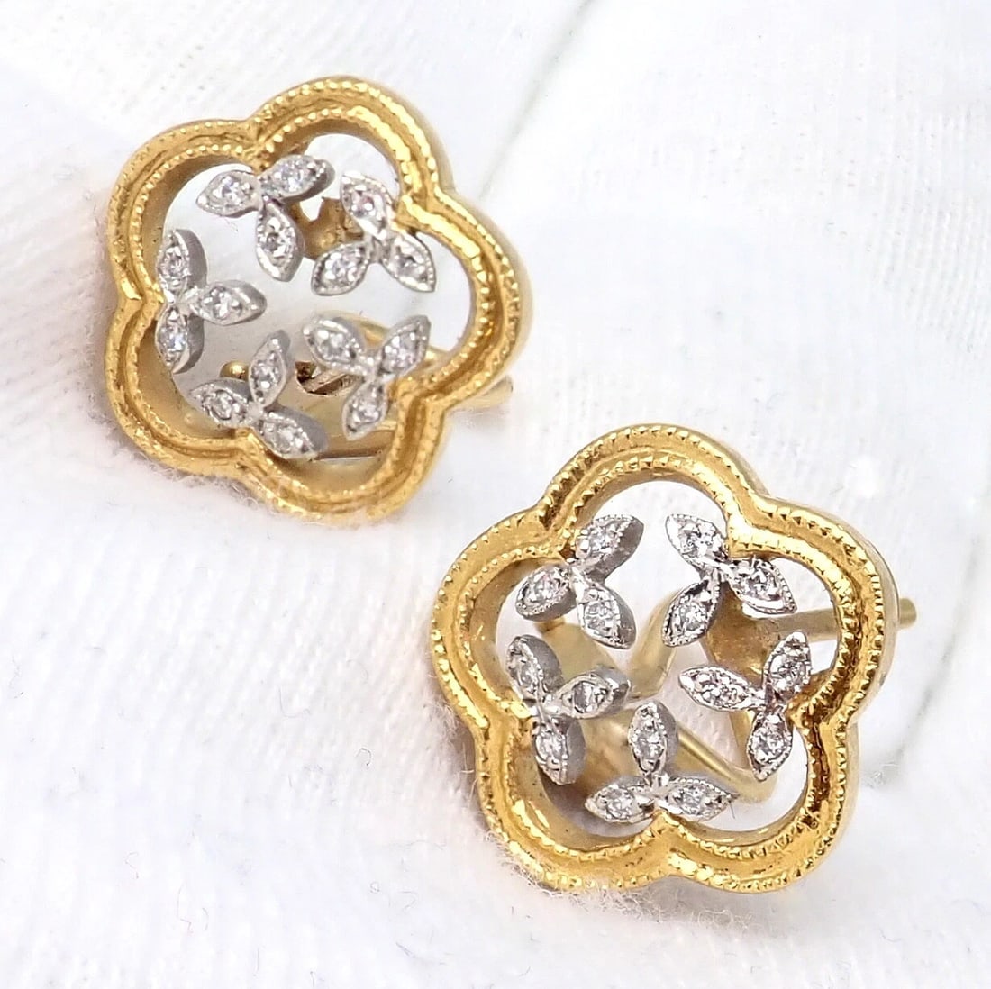 Authentic! Cathy Waterman 22k Yellow Gold Platinum Diamond Vine Flower Earrings - 7