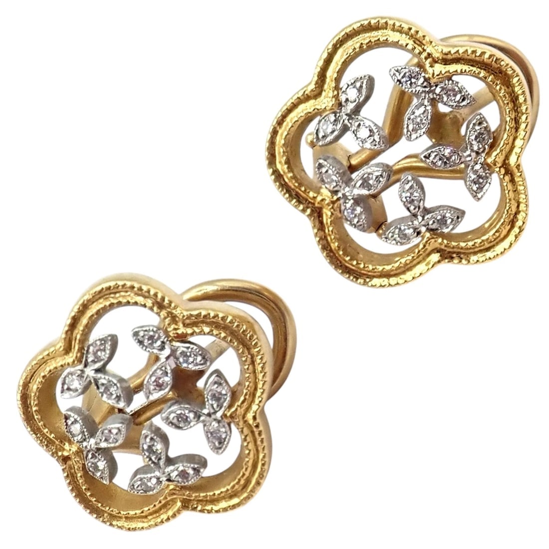Authentic! Cathy Waterman 22k Yellow Gold Platinum Diamond Vine Flower Earrings - 9