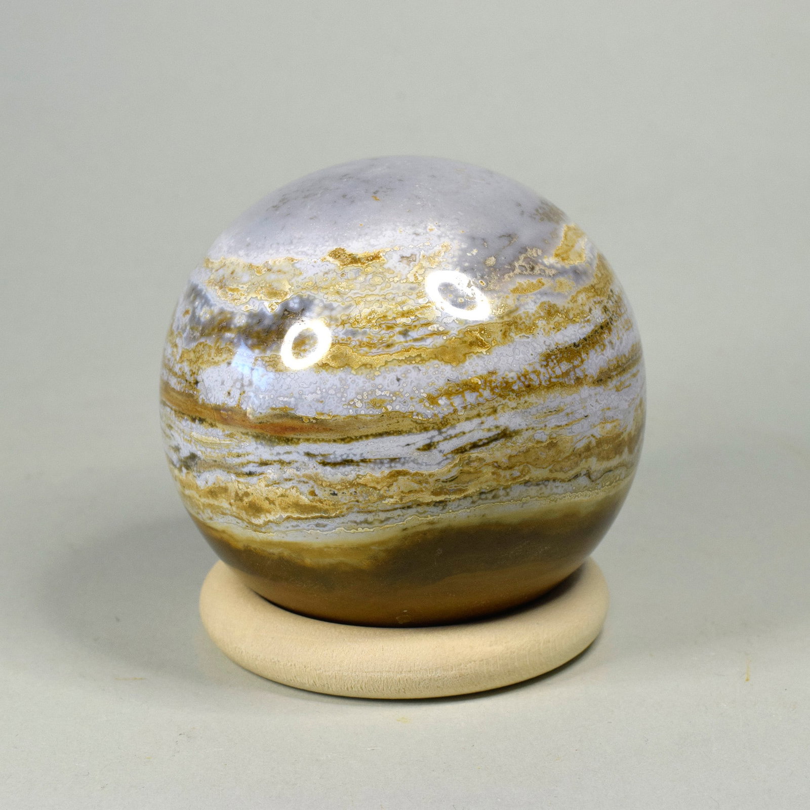 6.5 cm Polished Ocean Jasper sphere: Title: 6.5 cm Polished Ocean Jasper sphere Origin: Madagascar Size: 6.5 cm diameter Description: Species: Jasper (Ocean Jasper) Locality: Madagascar Diameter: 6.5 cm Weight: 0.36 kg Fine polished ocea