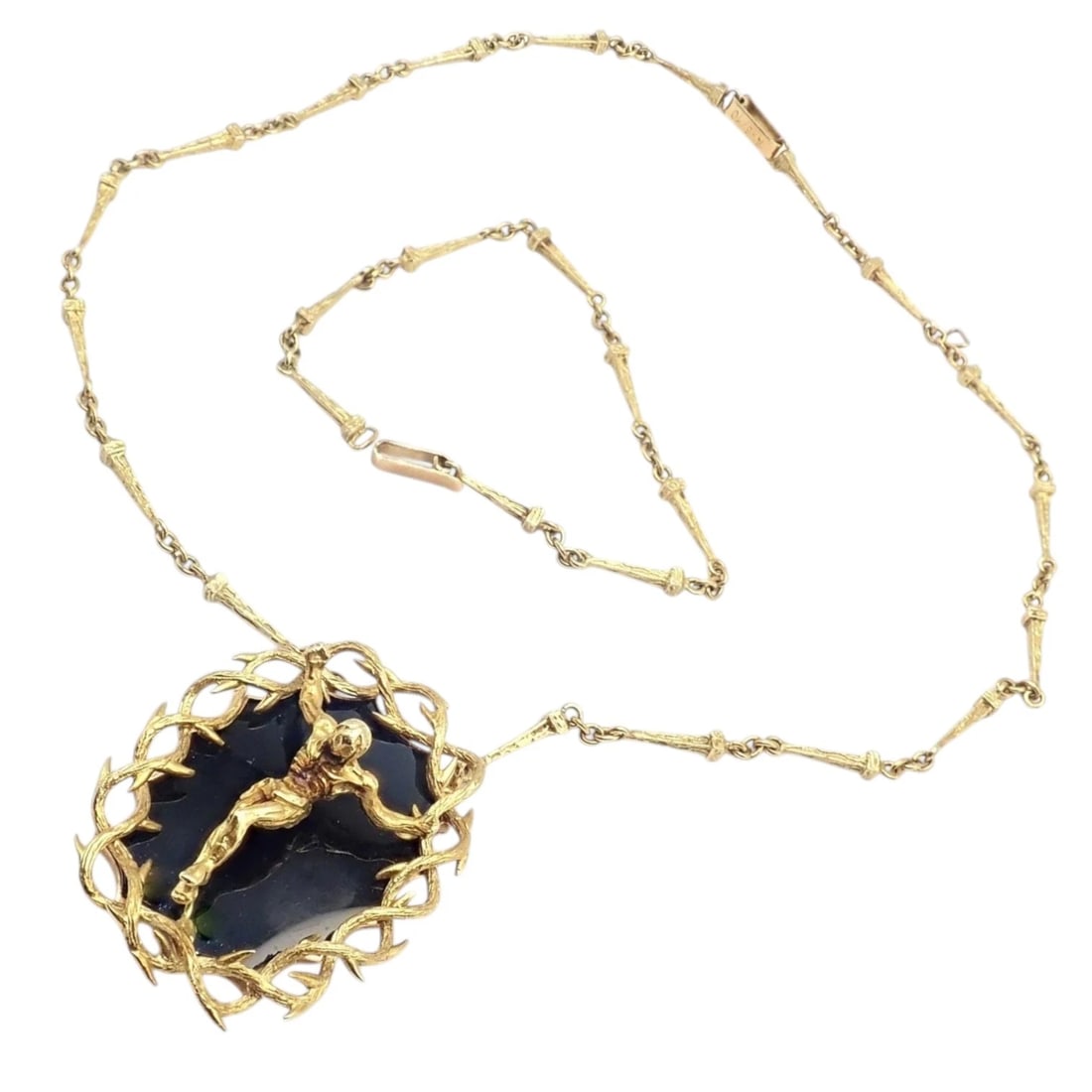 Salvador Dali 18k Gold Black Onyx Christ Saint John Cross Bracelet Necklace Cert: Exceptional Salvador Dalí design in 18k gold, featuring a dramatic black onyx plaque centered with a sculptural Christ figure, encircled by a thorned crown motif. Convertible as long necklace or