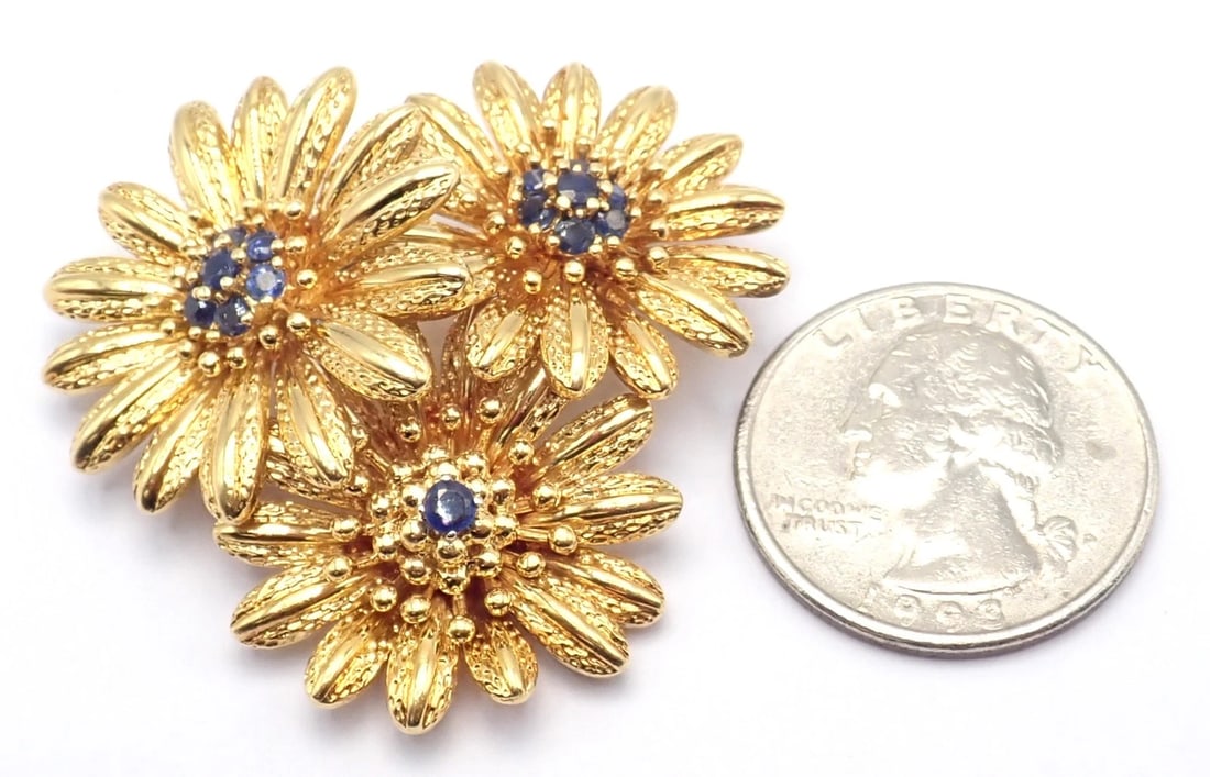 Vintage! Authentic Tiffany & Co. 18k Yellow Gold Sapphire Flower Pin Brooch - 7