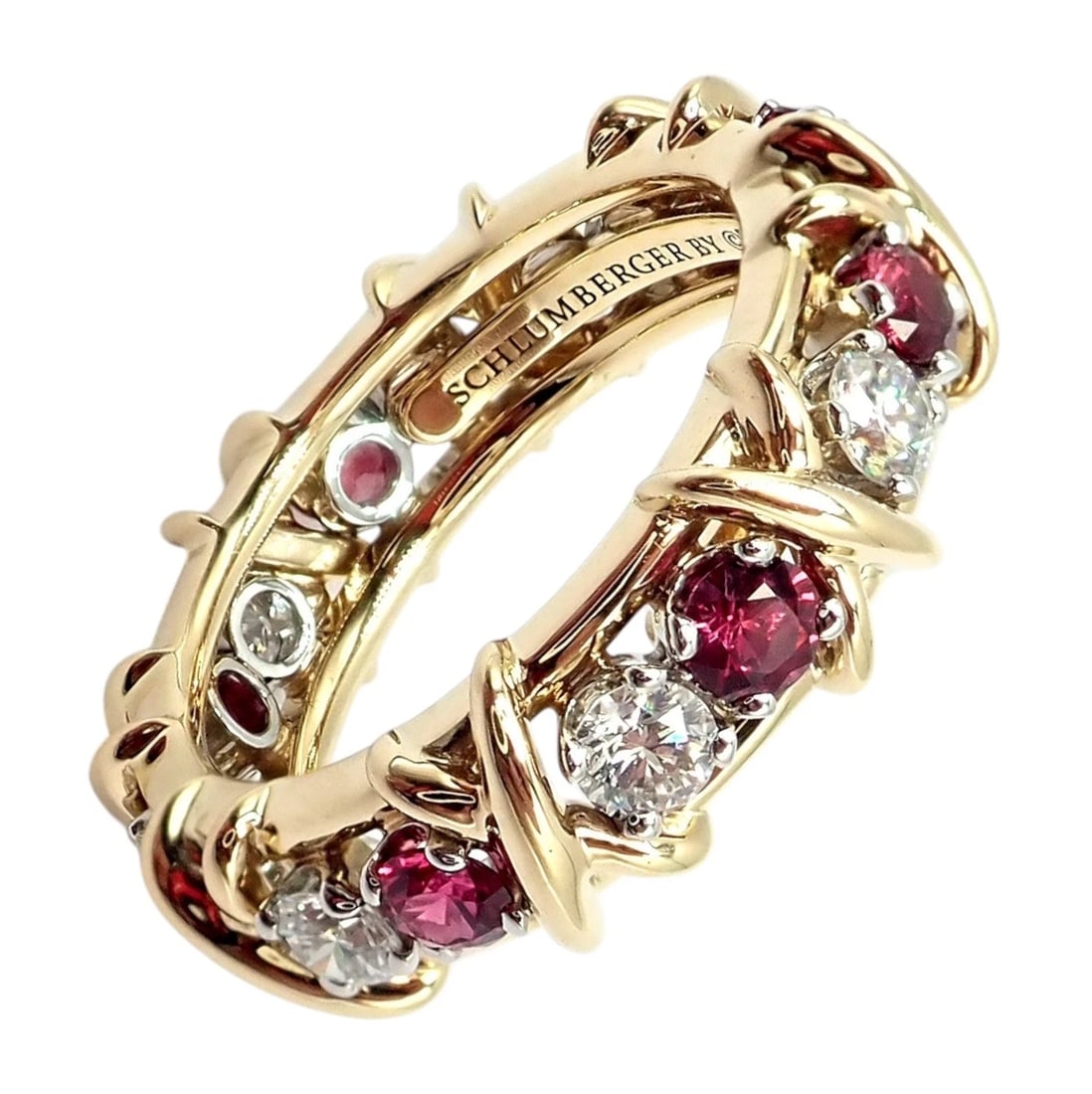 Tiffany & Co Schlumberger 18k Gold Platinum 16 Stone Diamond Ruby Band Ring Sz 5 - 10