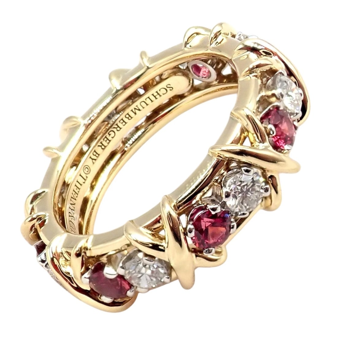 Tiffany & Co Schlumberger 18k Gold Platinum 16 Stone Diamond Ruby Band Ring Sz 5 - 11