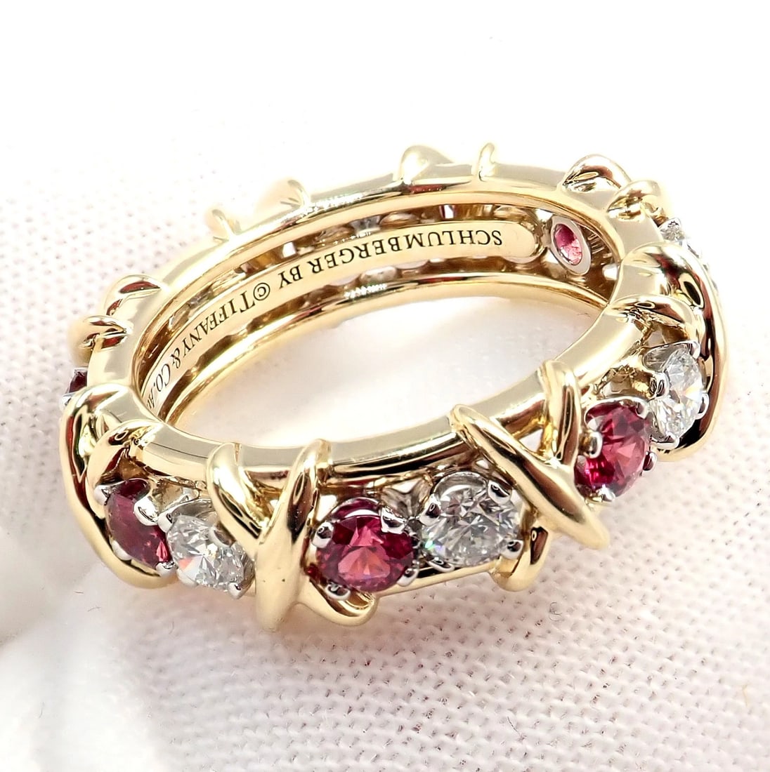 Tiffany & Co Schlumberger 18k Gold Platinum 16 Stone Diamond Ruby Band Ring Sz 5 - 12