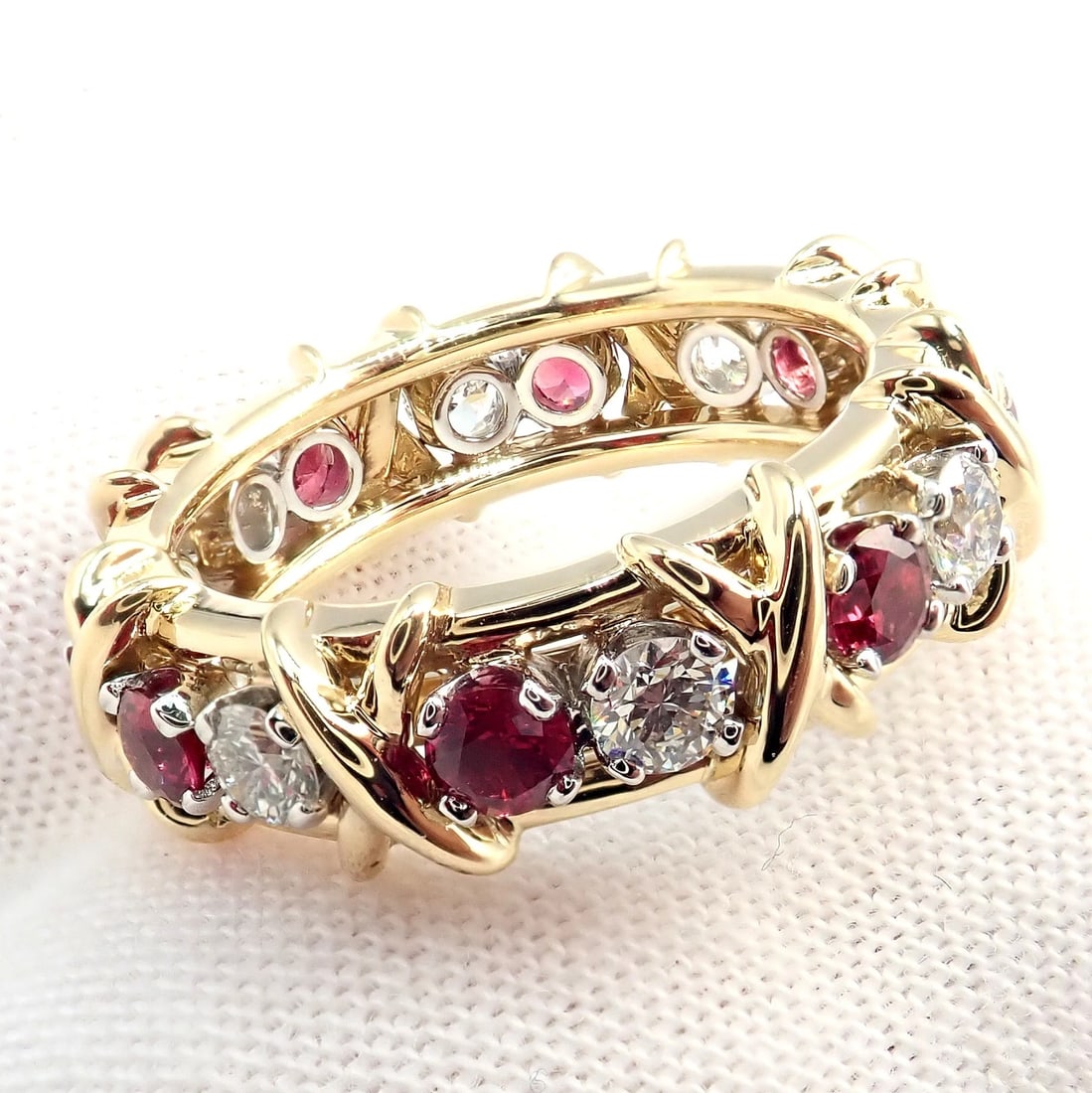Tiffany & Co Schlumberger 18k Gold Platinum 16 Stone Diamond Ruby Band Ring Sz 5 - 13