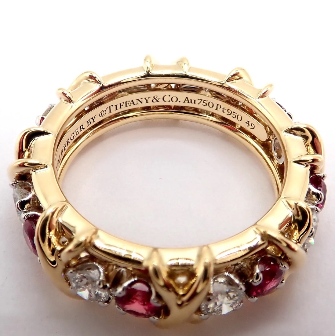 Tiffany & Co Schlumberger 18k Gold Platinum 16 Stone Diamond Ruby Band Ring Sz 5 - 14