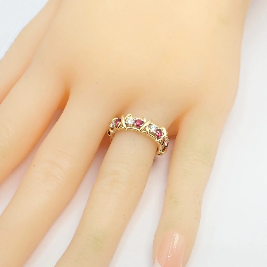 Tiffany & Co Schlumberger 18k Gold Platinum 16 Stone Diamond Ruby Band Ring Sz 5 - 15