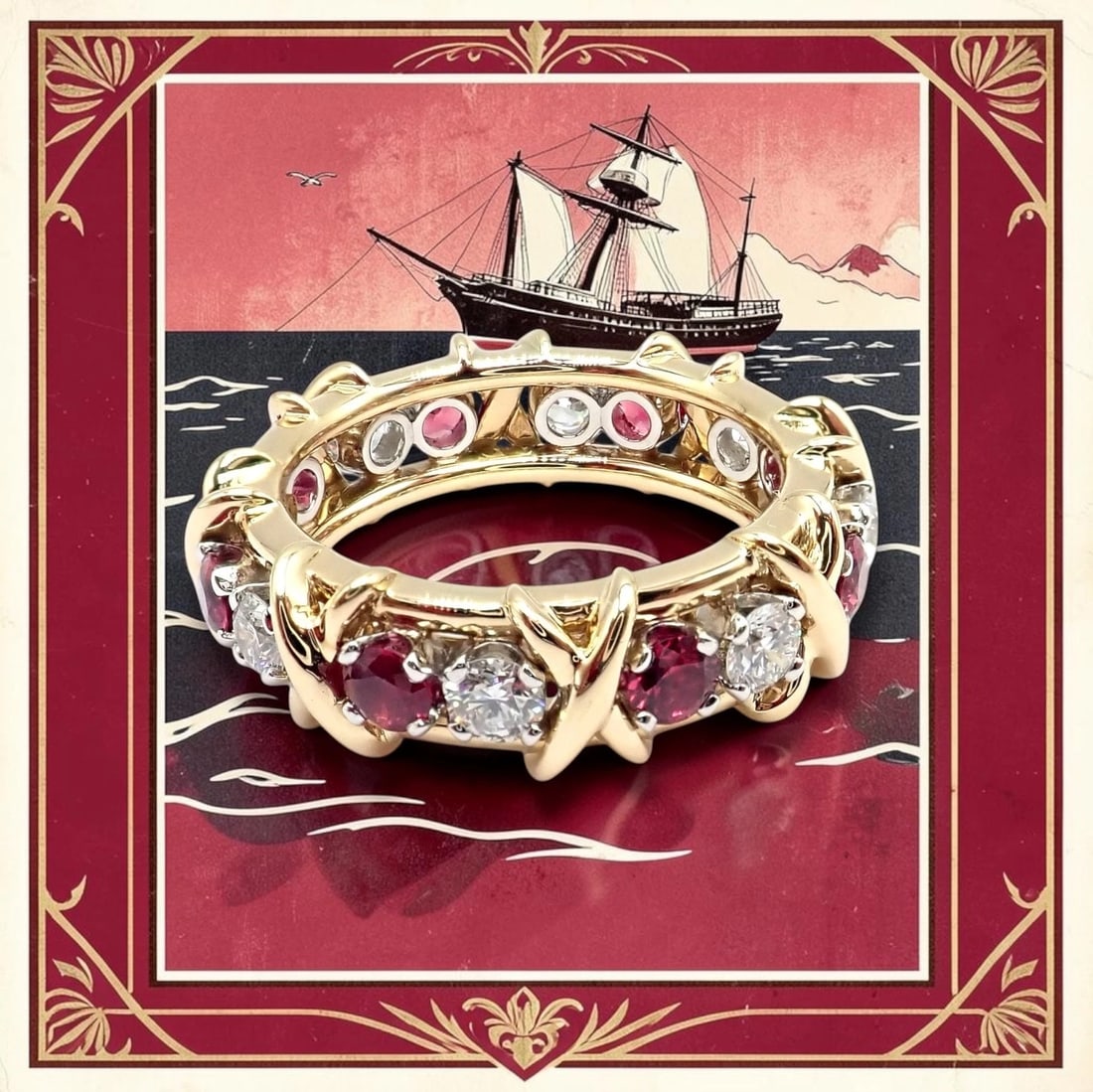 Tiffany & Co Schlumberger 18k Gold Platinum 16 Stone Diamond Ruby Band Ring Sz 5 - 2