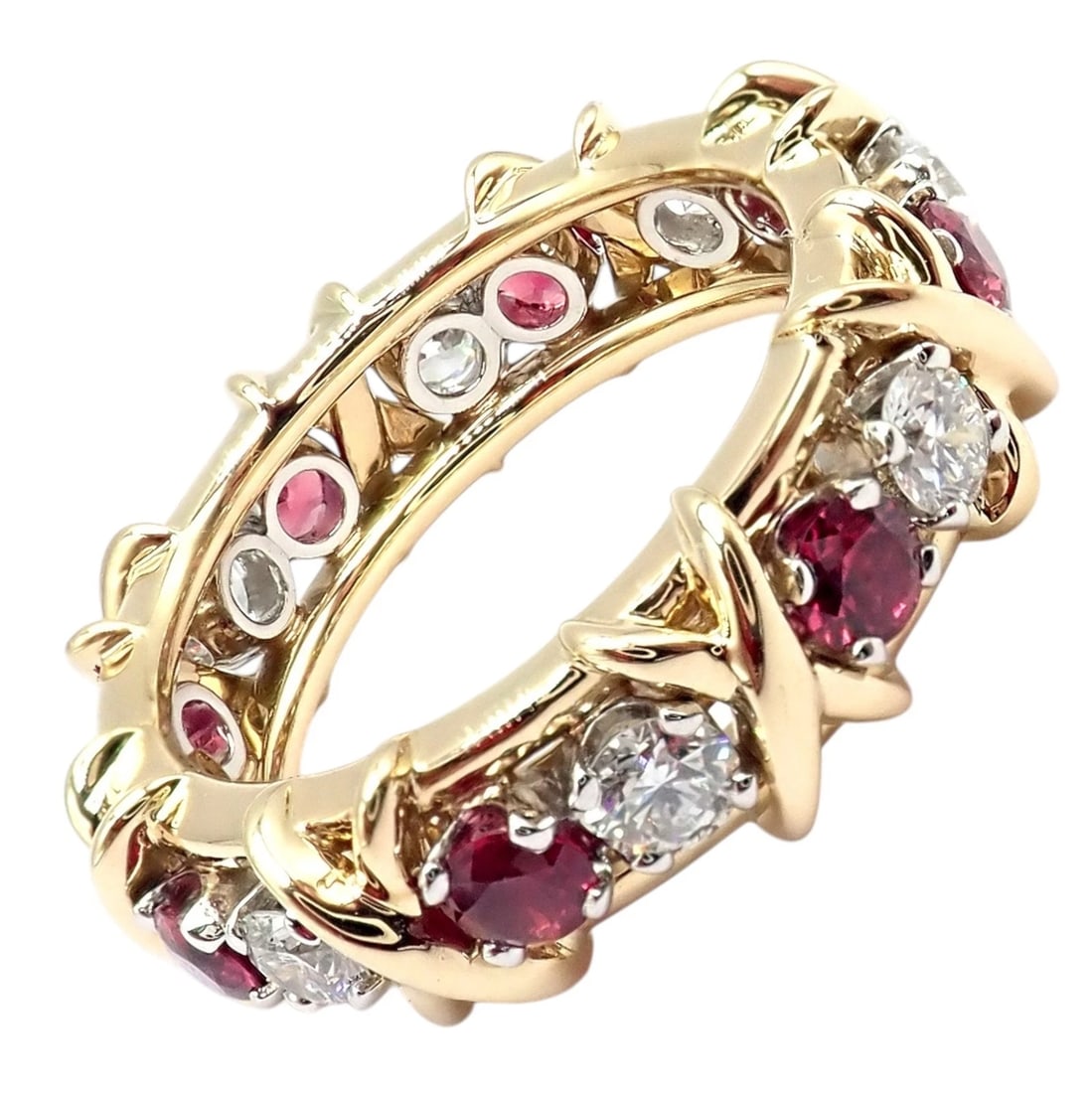 Tiffany & Co Schlumberger 18k Gold Platinum 16 Stone Diamond Ruby Band Ring Sz 5 - 7