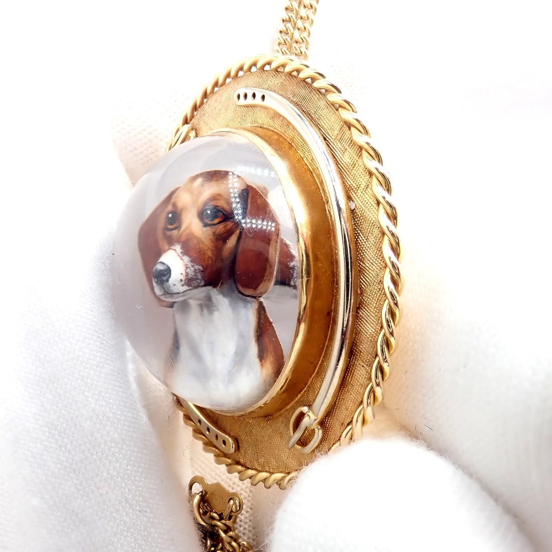 Vintage! Tiffany 14k Yellow Gold Essex Reverse Intaglio Dog Necklace Brooch - 12