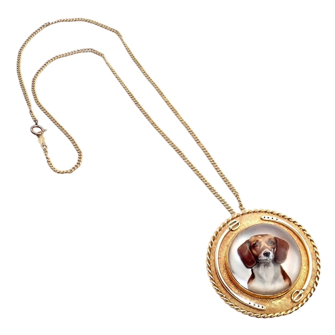 Vintage! Tiffany 14k Yellow Gold Essex Reverse Intaglio Dog Necklace Brooch - 16
