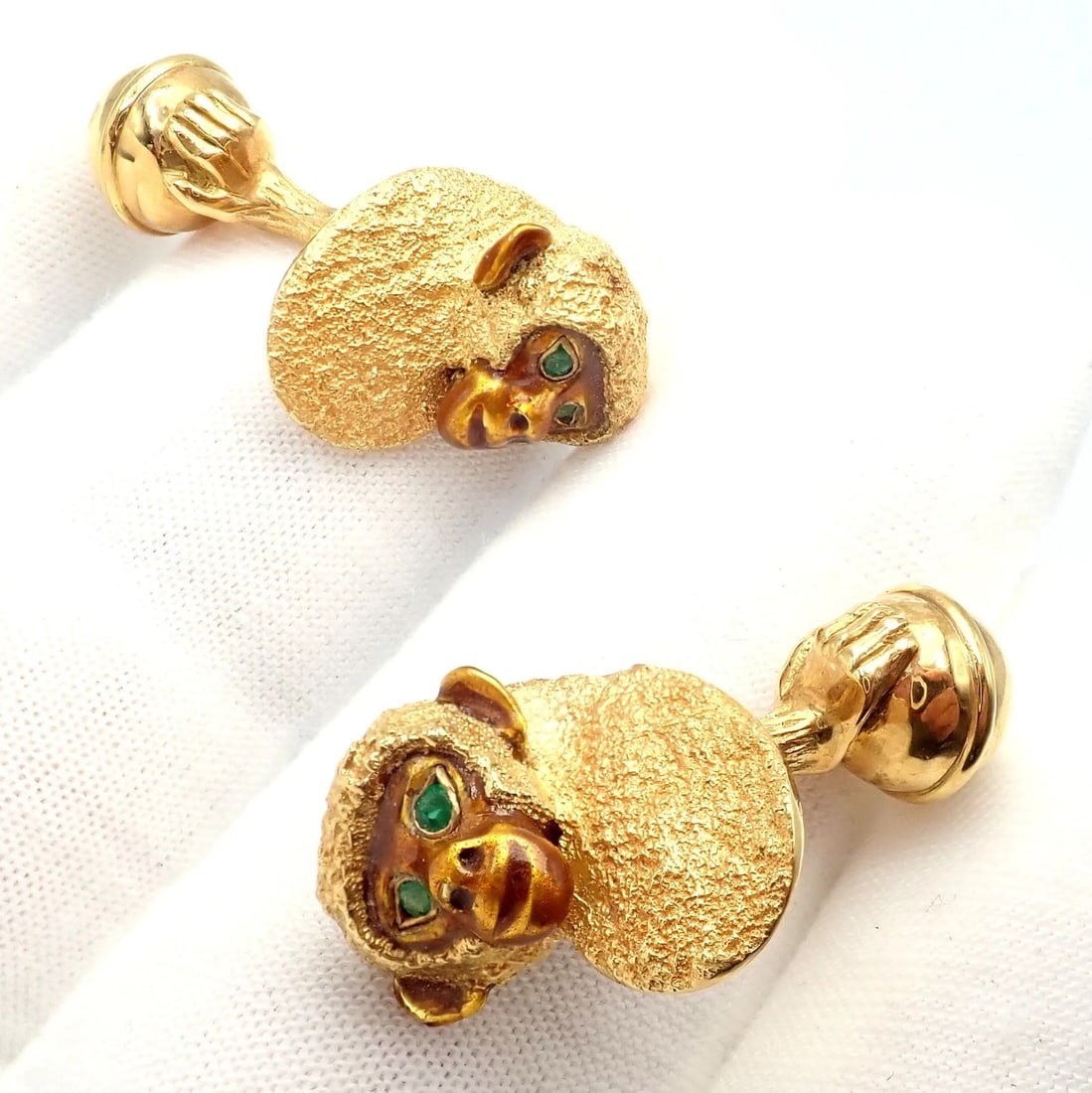 Vintage Tiffany & Co. 18k Yellow Gold Emerald Enamel Monkey Cufflinks 1991 - 11