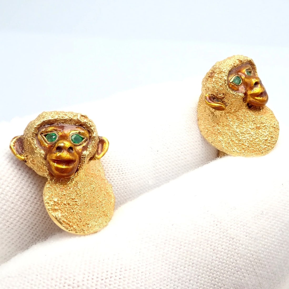 Vintage Tiffany & Co. 18k Yellow Gold Emerald Enamel Monkey Cufflinks 1991 - 3