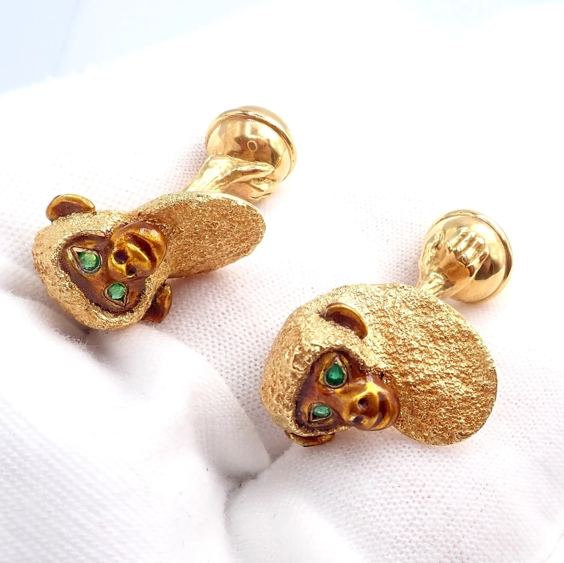 Vintage Tiffany & Co. 18k Yellow Gold Emerald Enamel Monkey Cufflinks 1991 - 4