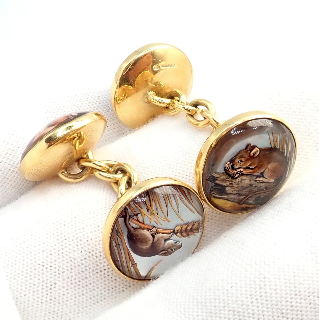 Vintage Tiffany & Co 18k Yellow Gold Essex Reverse Intaglio Field Mice Cufflinks - 12