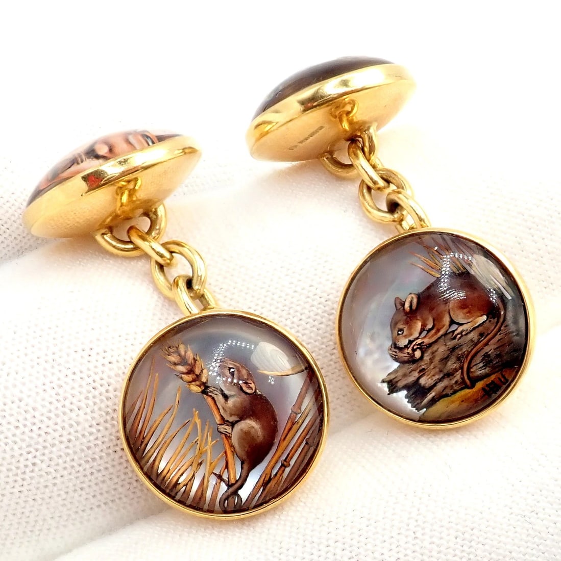 Vintage Tiffany & Co 18k Yellow Gold Essex Reverse Intaglio Field Mice Cufflinks - 13