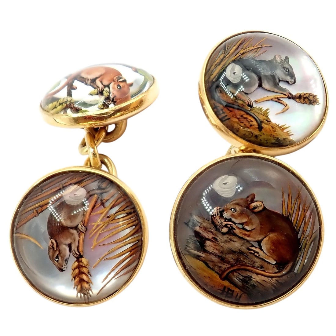 Vintage Tiffany & Co 18k Yellow Gold Essex Reverse Intaglio Field Mice Cufflinks - 3