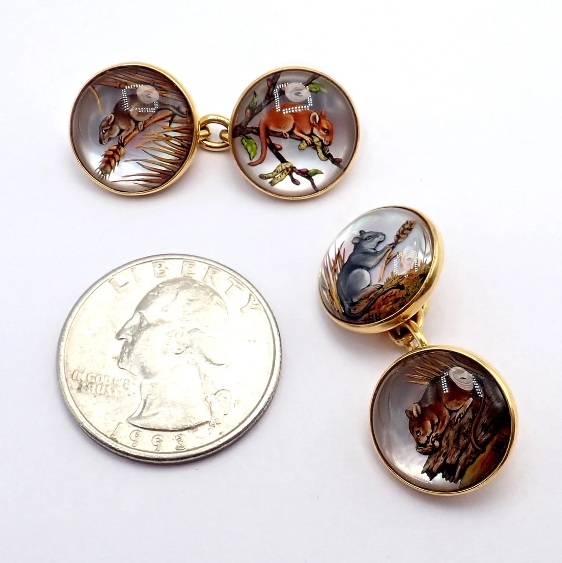 Vintage Tiffany & Co 18k Yellow Gold Essex Reverse Intaglio Field Mice Cufflinks - 9