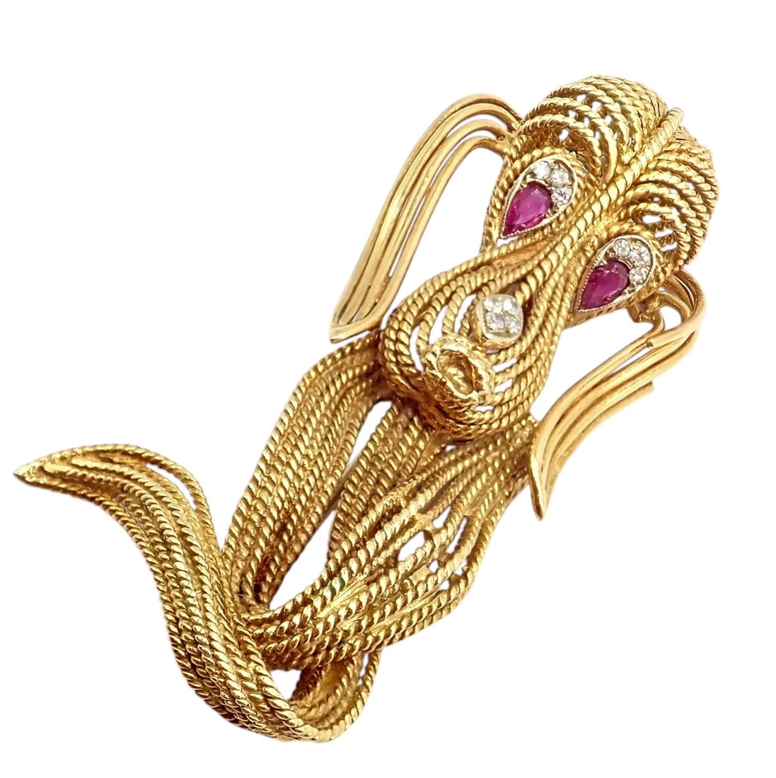 Vintage! H. Stern 18k Yellow Gold Diamond Ruby Basset Hound Dog Pin Brooch: Playful yet refined, this Vintage H. Stern 18k yellow gold brooch captures a charming droopy tall dog in intricate rope-textured detail. Ruby eyes and sparkling diamond accents bring warmth and person