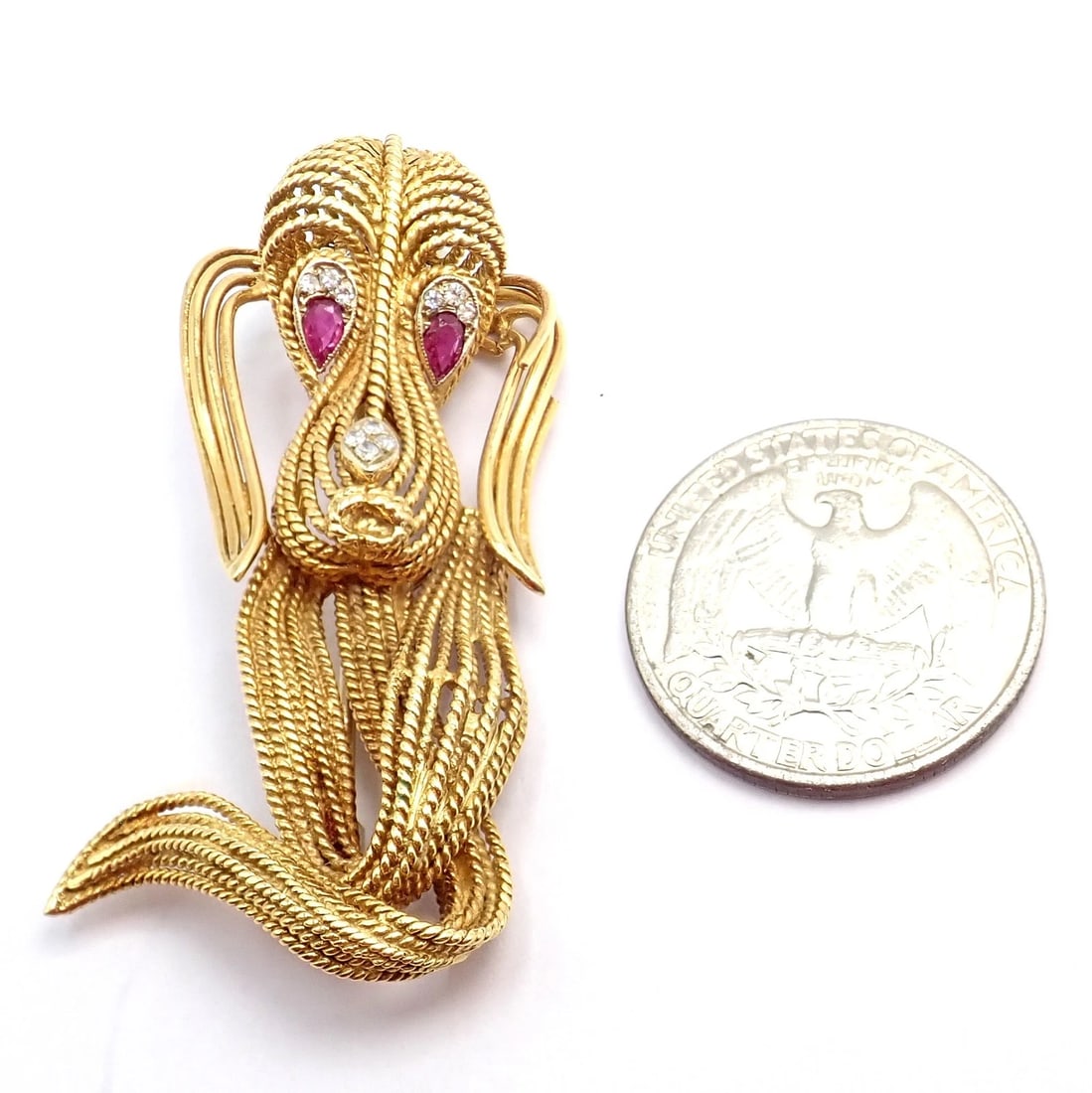 Vintage! H. Stern 18k Yellow Gold Diamond Ruby Basset Hound Dog Pin Brooch - 5