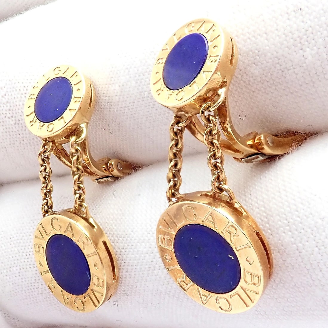 Rare! Authentic Bvlgari Bulgari 18k Yellow Gold Lapis Disc Double Logo Earrings - 10