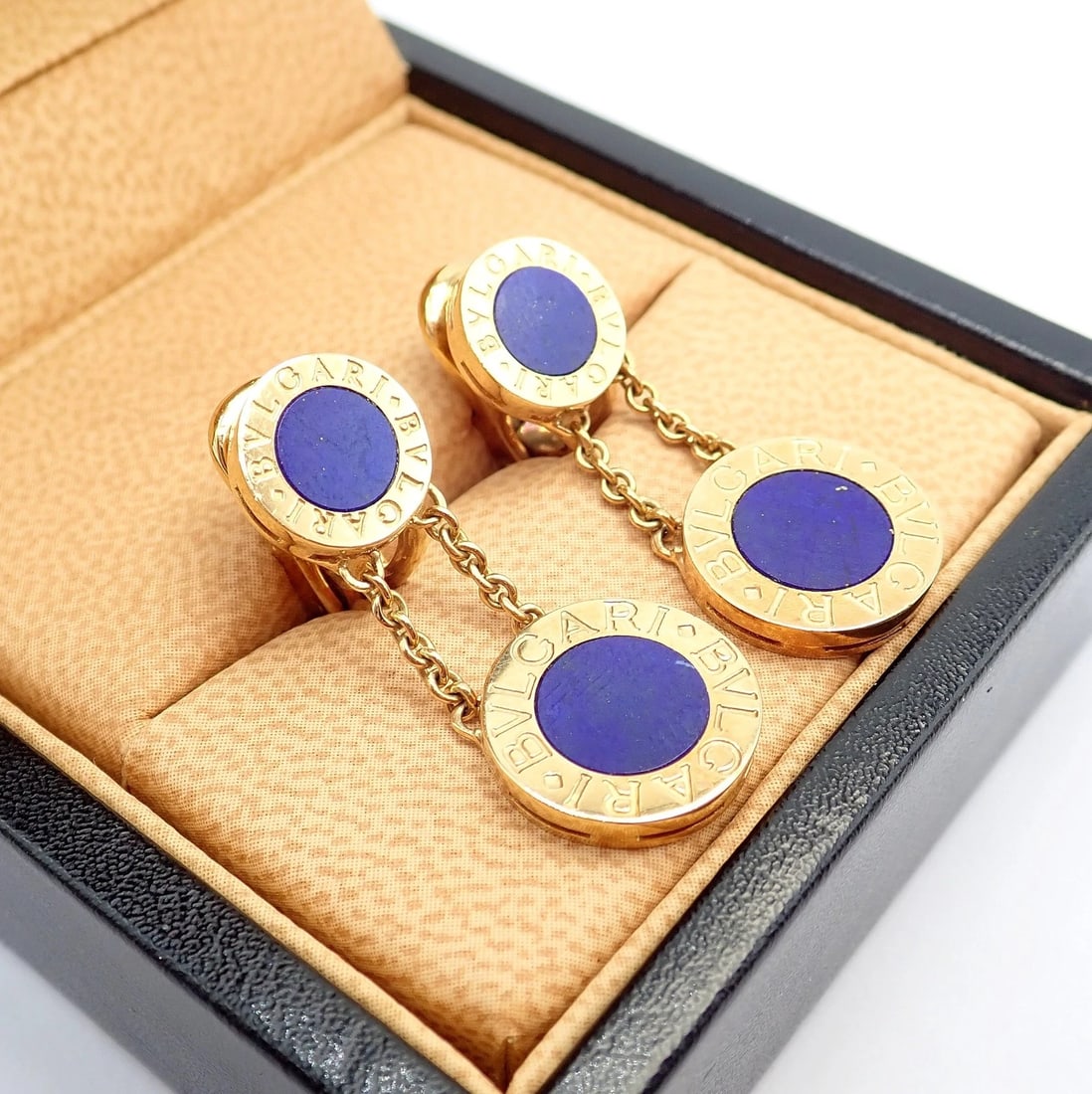 Rare! Authentic Bvlgari Bulgari 18k Yellow Gold Lapis Disc Double Logo Earrings - 11