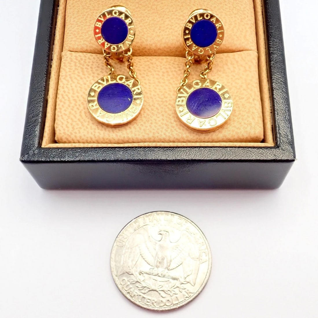Rare! Authentic Bvlgari Bulgari 18k Yellow Gold Lapis Disc Double Logo Earrings - 12