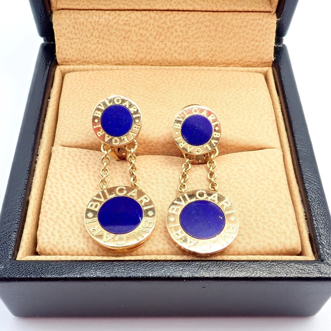 Rare! Authentic Bvlgari Bulgari 18k Yellow Gold Lapis Disc Double Logo Earrings - 3