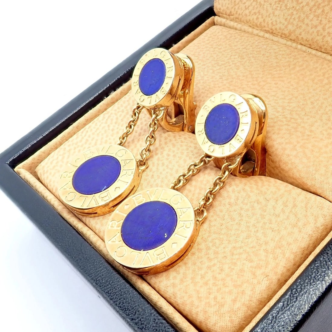 Rare! Authentic Bvlgari Bulgari 18k Yellow Gold Lapis Disc Double Logo Earrings - 4