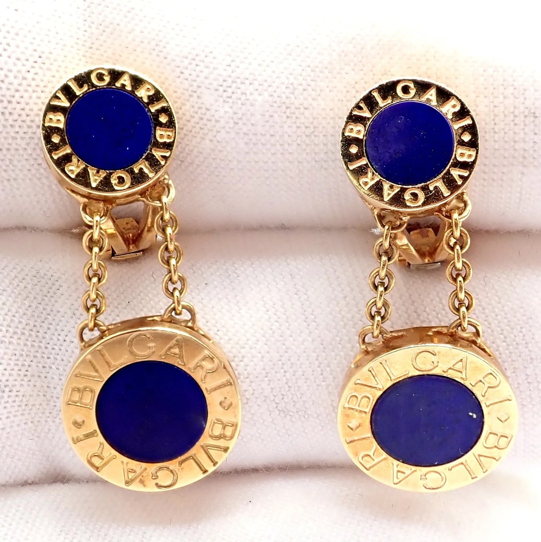 Rare! Authentic Bvlgari Bulgari 18k Yellow Gold Lapis Disc Double Logo Earrings - 6