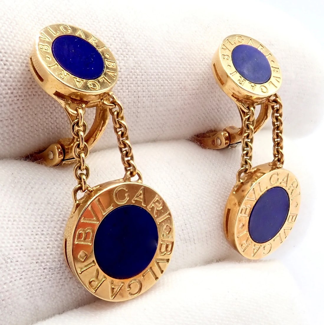 Rare! Authentic Bvlgari Bulgari 18k Yellow Gold Lapis Disc Double Logo Earrings - 9