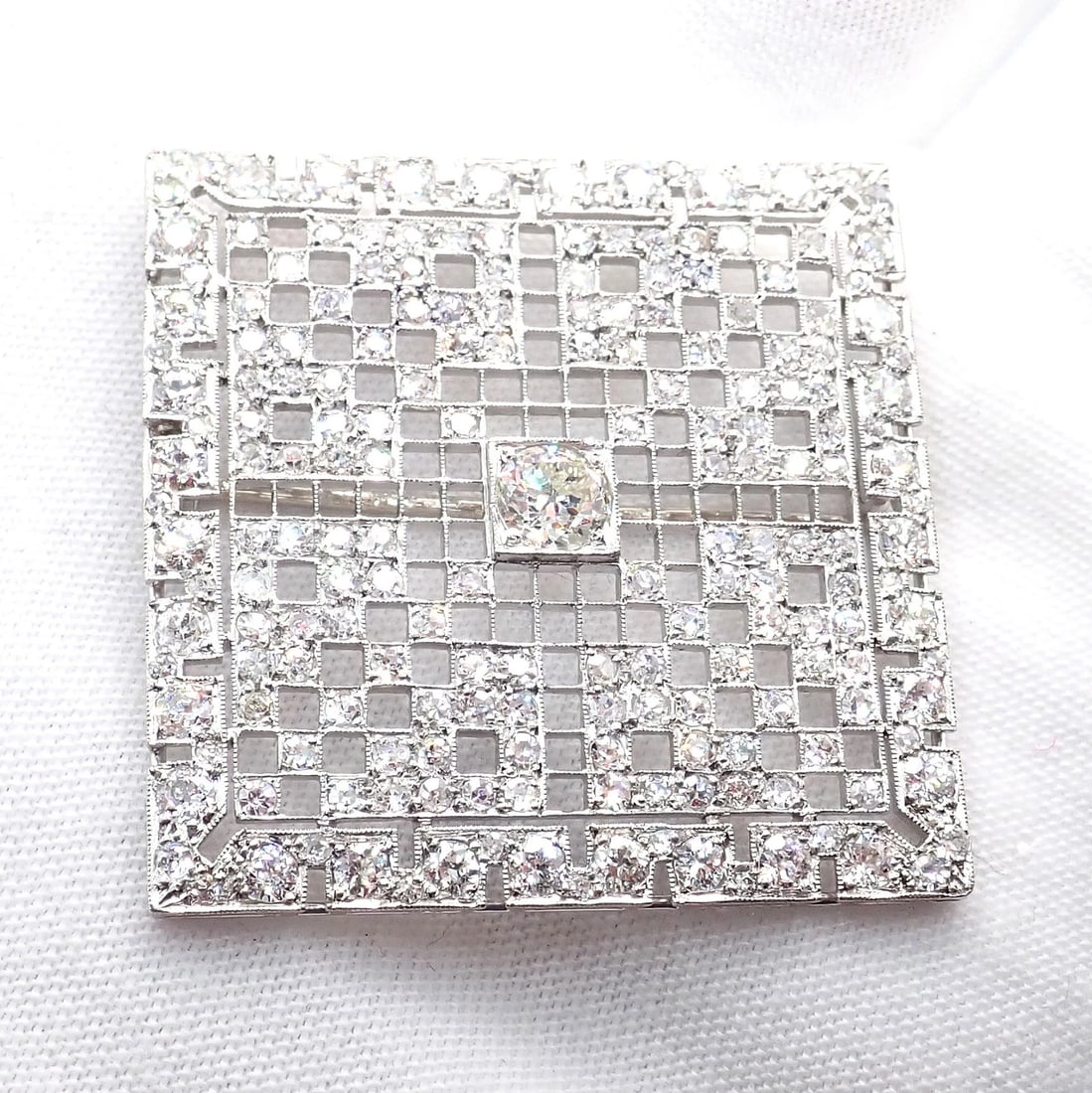 Vintage Estate Art Deco Platinum 5ctw Diamond Square Pin Brooch - 6