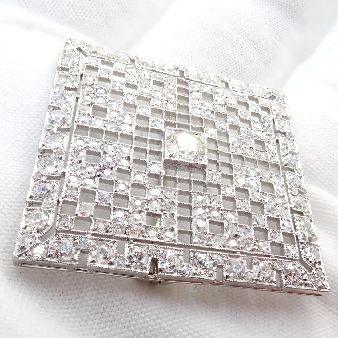 Vintage Estate Art Deco Platinum 5ctw Diamond Square Pin Brooch - 8