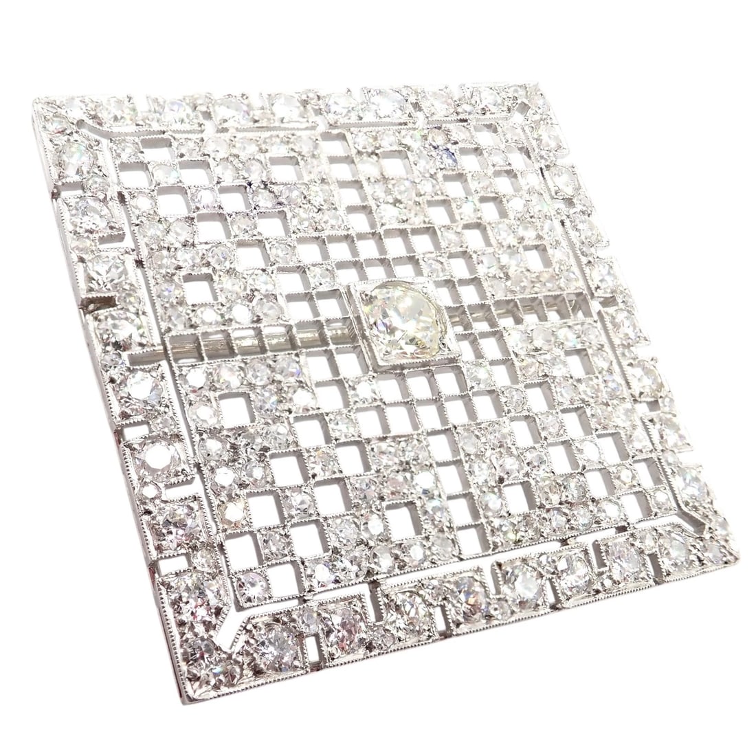 Vintage Estate Art Deco Platinum 5ctw Diamond Square Pin Brooch - 9