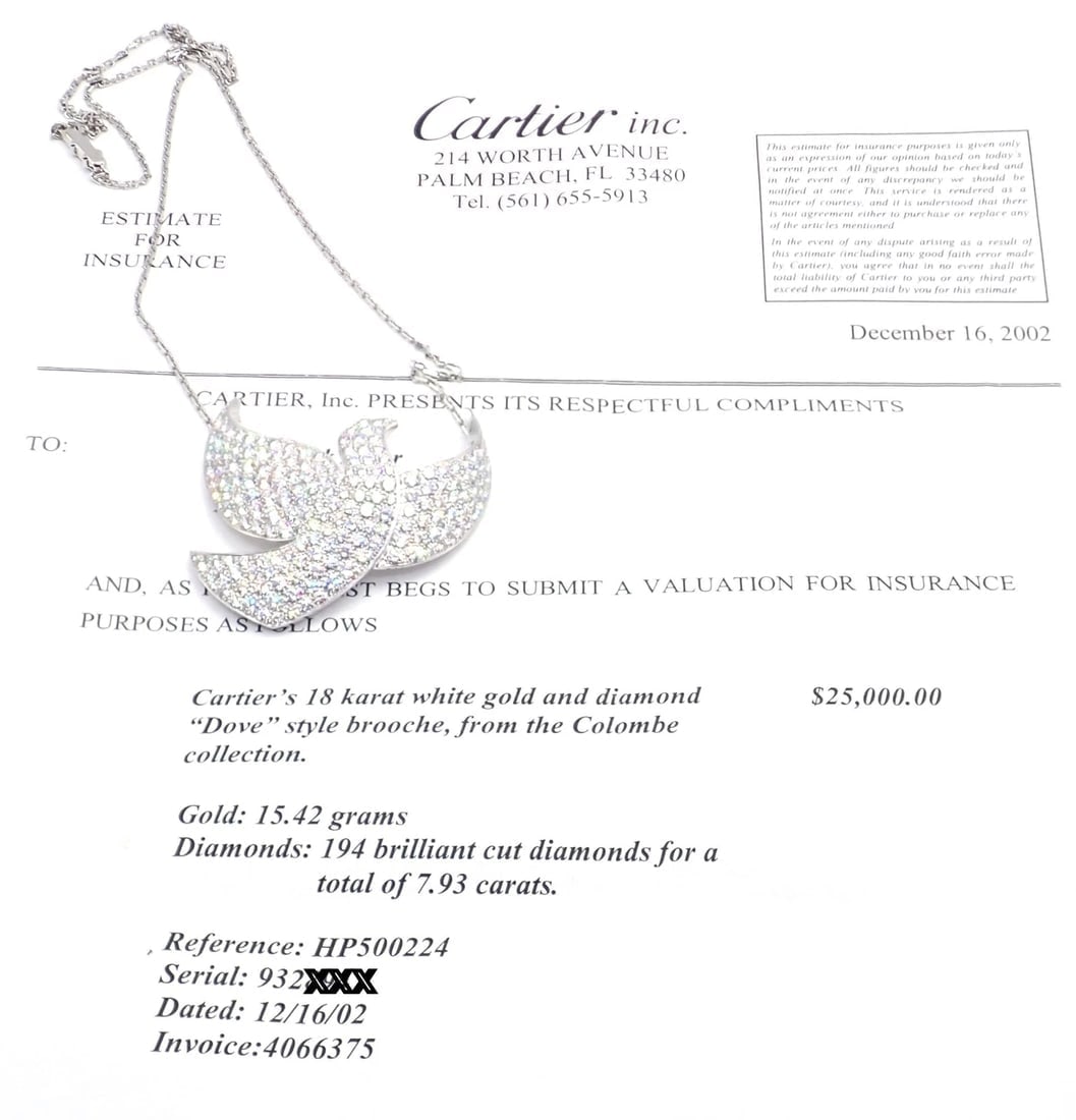 Authentic! Cartier Colombe Dove Of Peace 18k White Gold Diamond Necklace Paper - 13