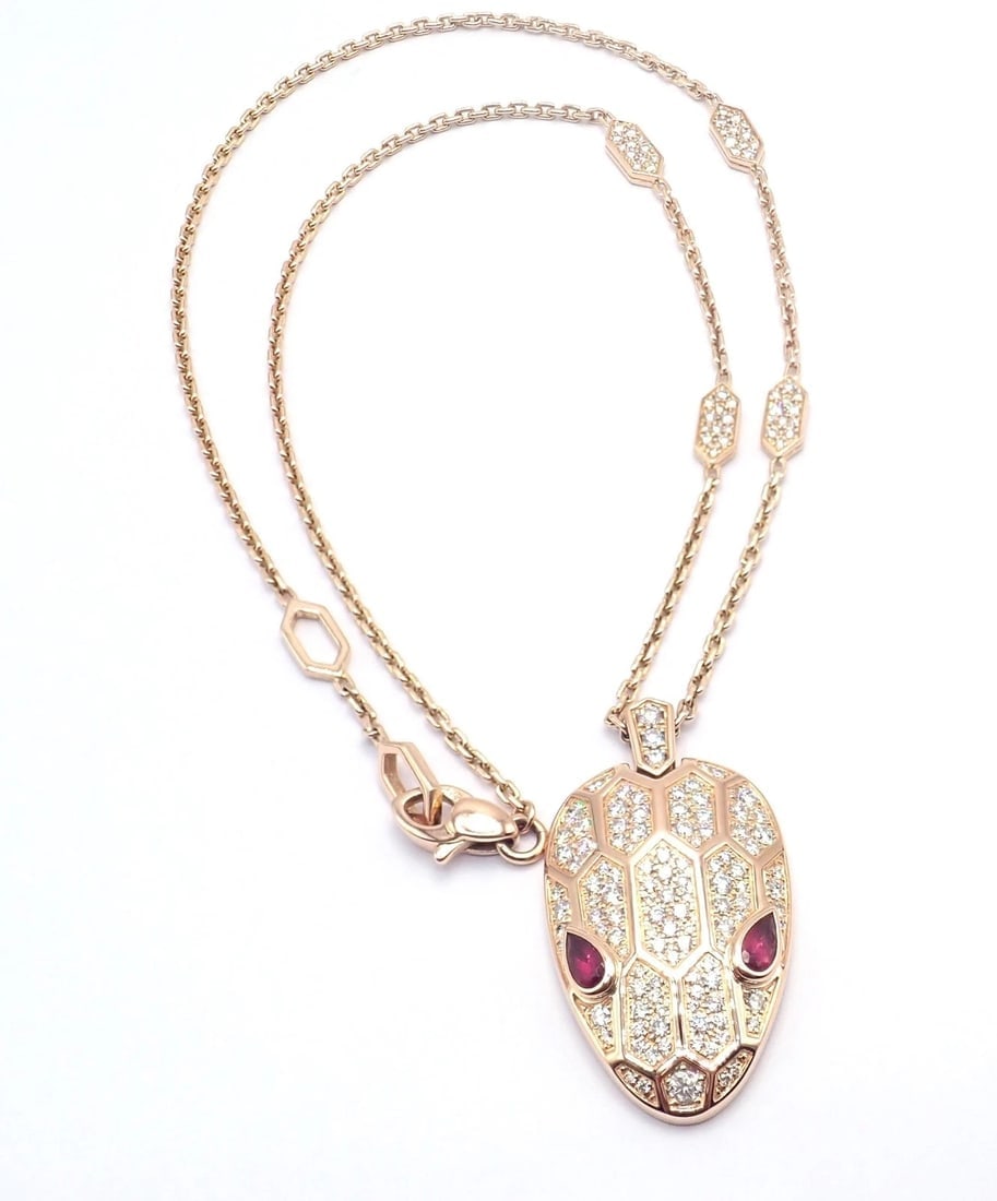 Authentic Bulgari Bvlgari Serpenti 18k Rose Gold Pave Diamond Rubellite Necklace - 4