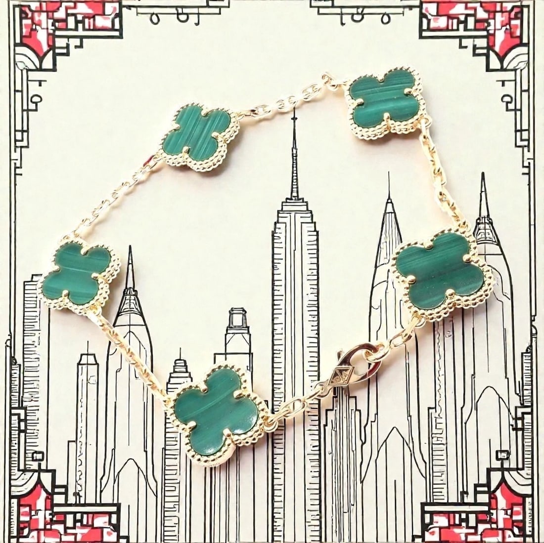 Authentic! Van Cleef & Arpels 18k Gold 5 Motif Malachite Alhambra Bracelet Cert. - 2