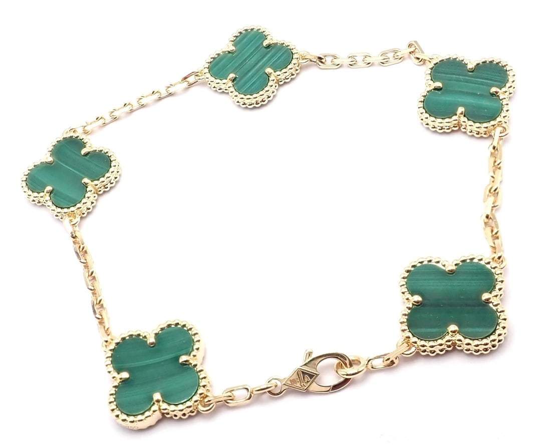 Authentic! Van Cleef & Arpels 18k Gold 5 Motif Malachite Alhambra Bracelet Cert. - 4