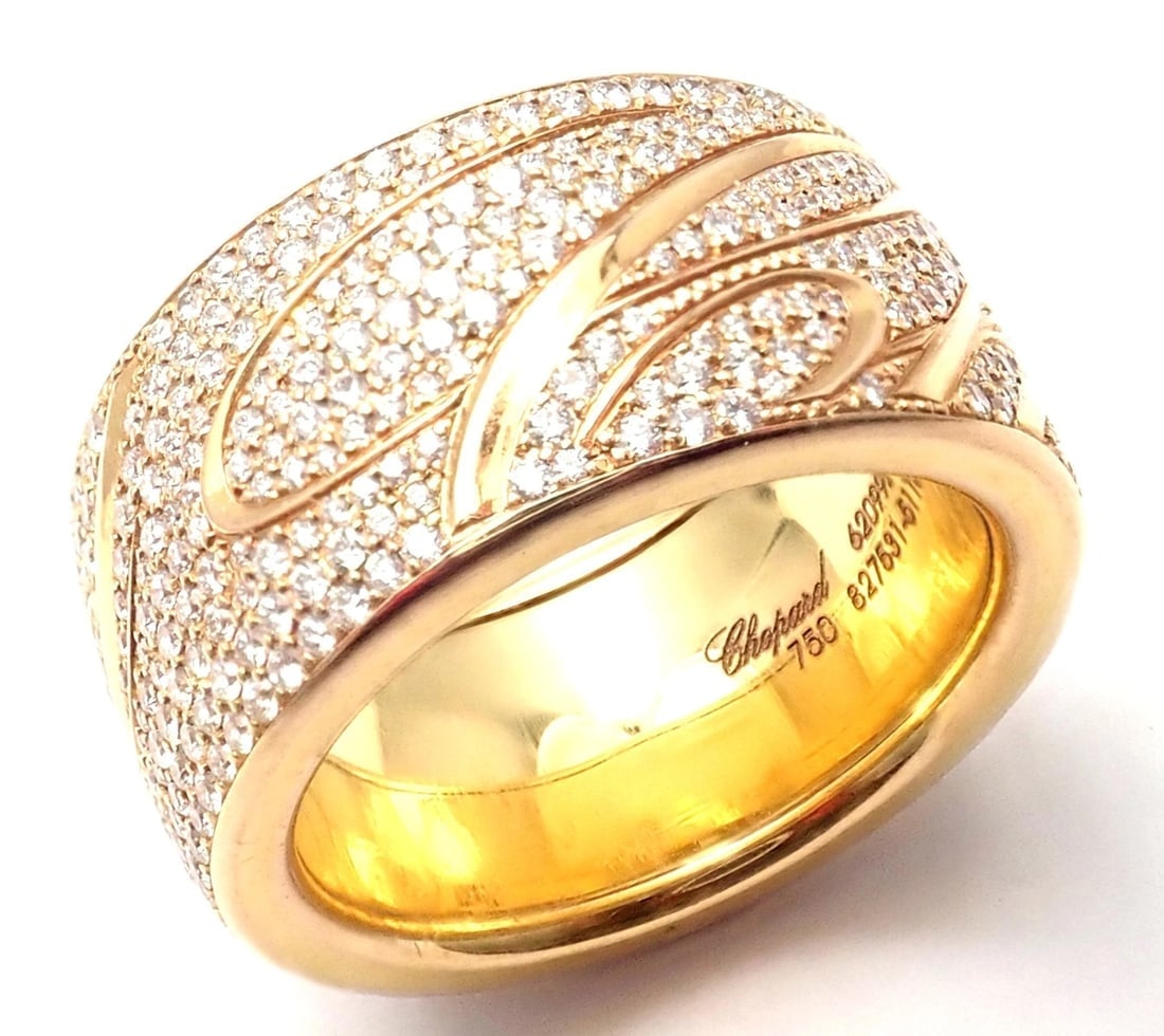 Chopard Chopardissimo 18k Yellow Gold Pave Diamond Signature Band Ring Box Paper - 10