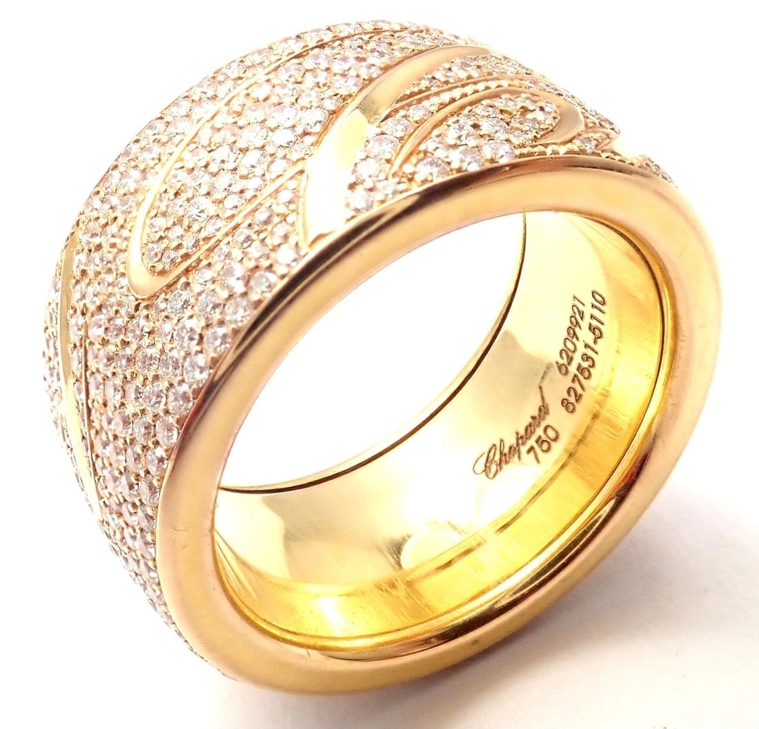 Chopard Chopardissimo 18k Yellow Gold Pave Diamond Signature Band Ring Box Paper - 11