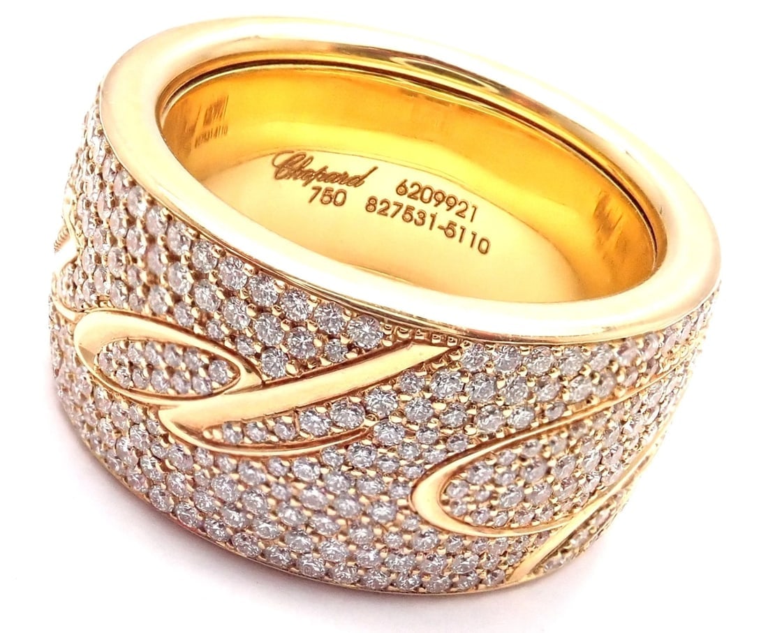 Chopard Chopardissimo 18k Yellow Gold Pave Diamond Signature Band Ring Box Paper - 3