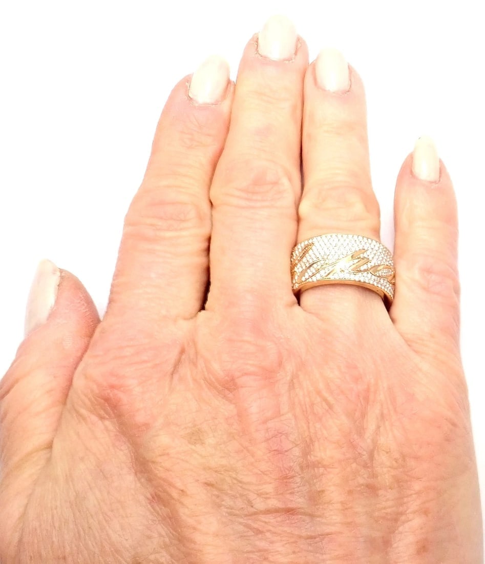 Chopard Chopardissimo 18k Yellow Gold Pave Diamond Signature Band Ring Box Paper - 6