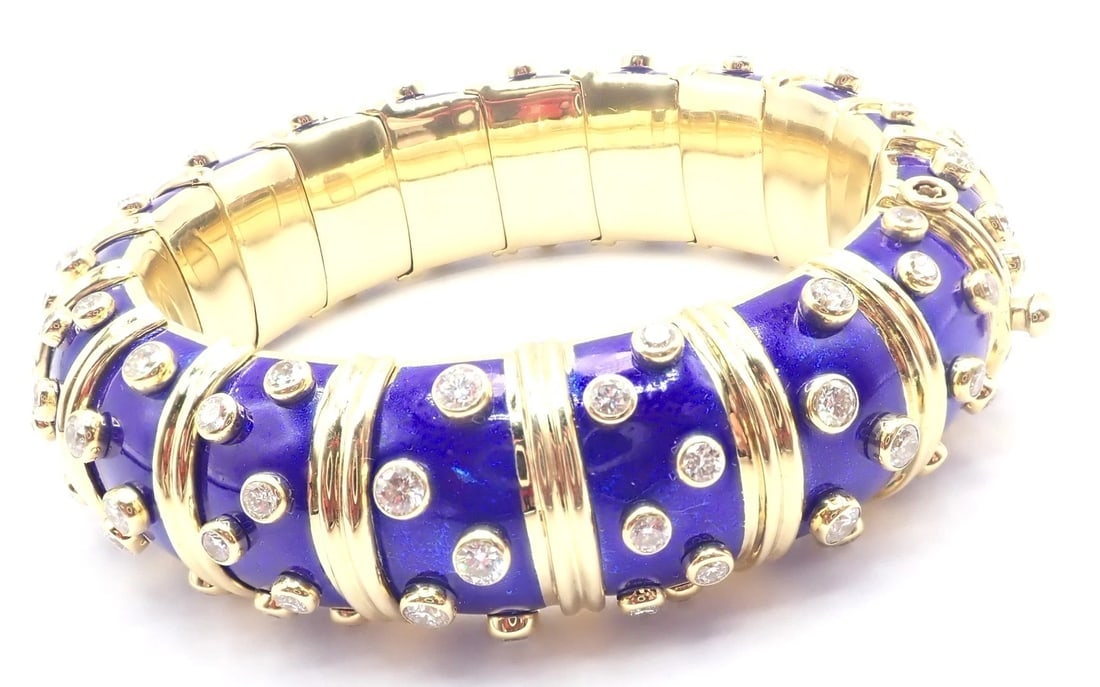 Tiffany & Co Schlumberger Dots 18k Yellow Gold Diamond Enamel Bangle Bracelet - 5