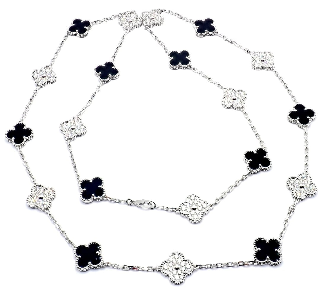 Van Cleef & Arpels 18k Gold 20 Motif Vintage Alhambra Diamond Onyx Necklace Cert - 6