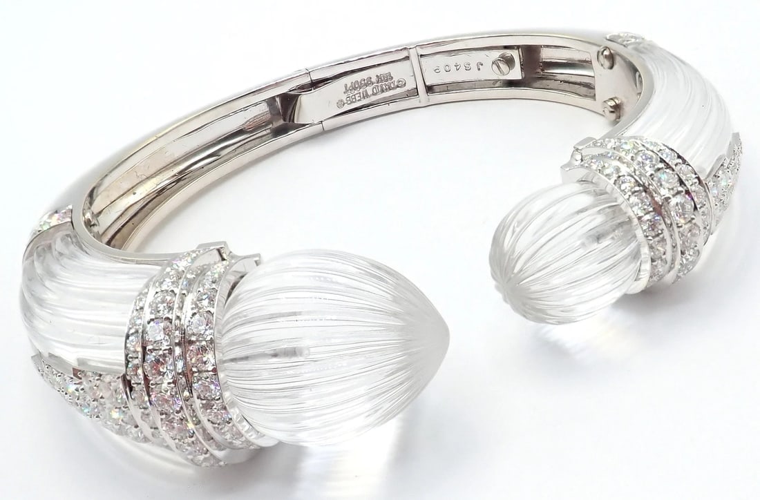 Authentic! David Webb 18k Gold & Platinum Diamond Rock Crystal Bangle Bracelet - 15